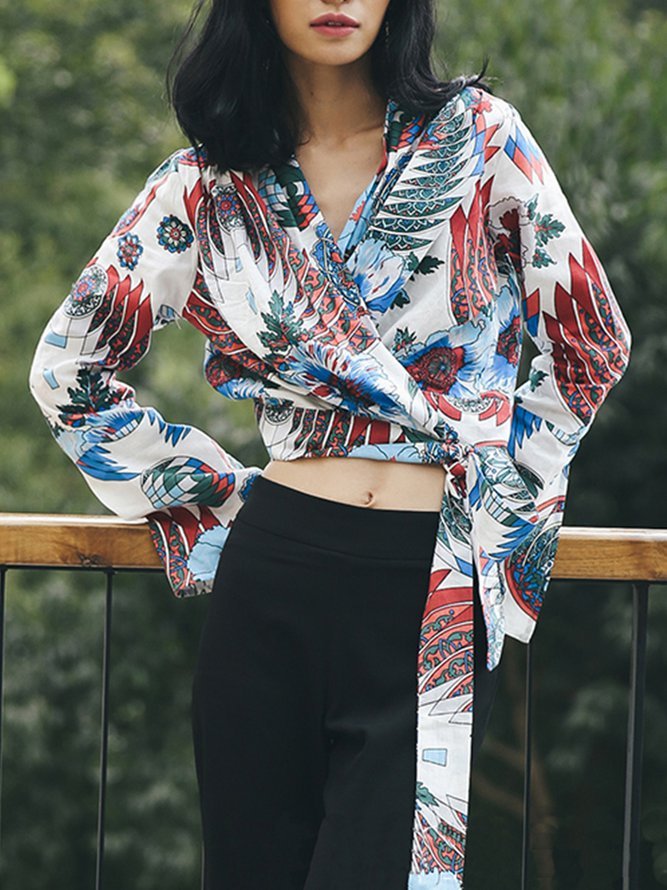 Multicolor V Neck Long Sleeve Printed Cropped Top
